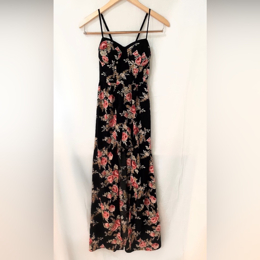 Band of gypsies womans long romper dress black and pink floral pattern size xs